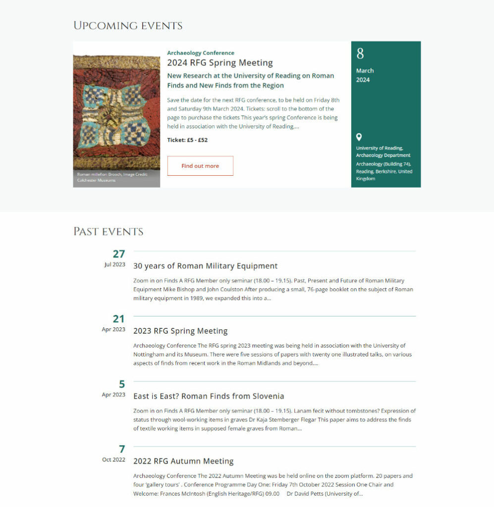 Roman Finds Group - Events page design